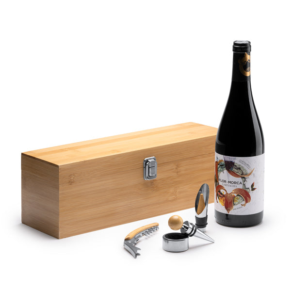 Set de Regalo Premium para Vino en Caja de Madera Personalizable (con 4 accesorios incluidos)