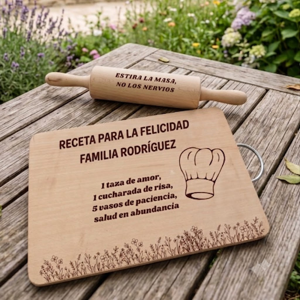 Set de Regalo Personalizado: Tabla de Cortar y Rodillo de Madera con Grabado Láser «La Receta de la Felicidad»
