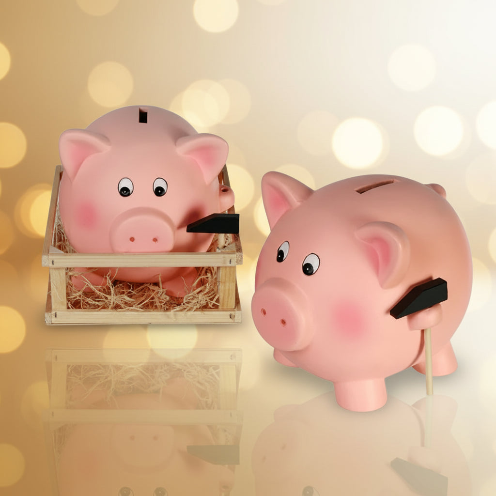 Hucha de cerdito con corral de madera de 12 cm