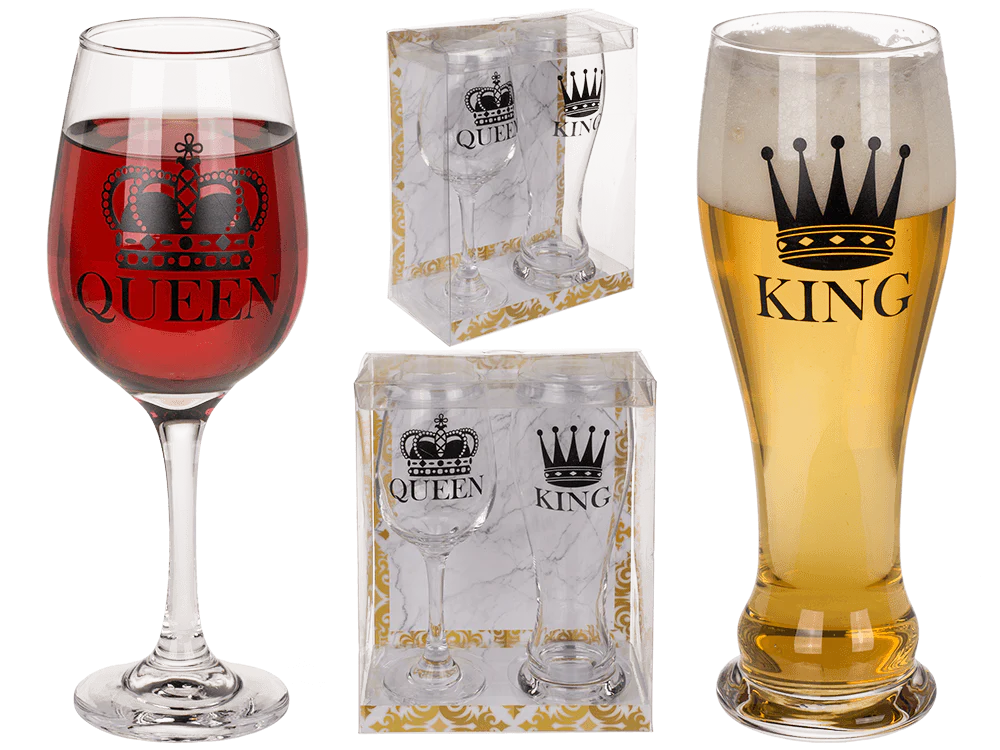 Set Real de 2 Vasos para Parejas - "King & Queen" (Jarra de Cerveza y Copa de Vino)