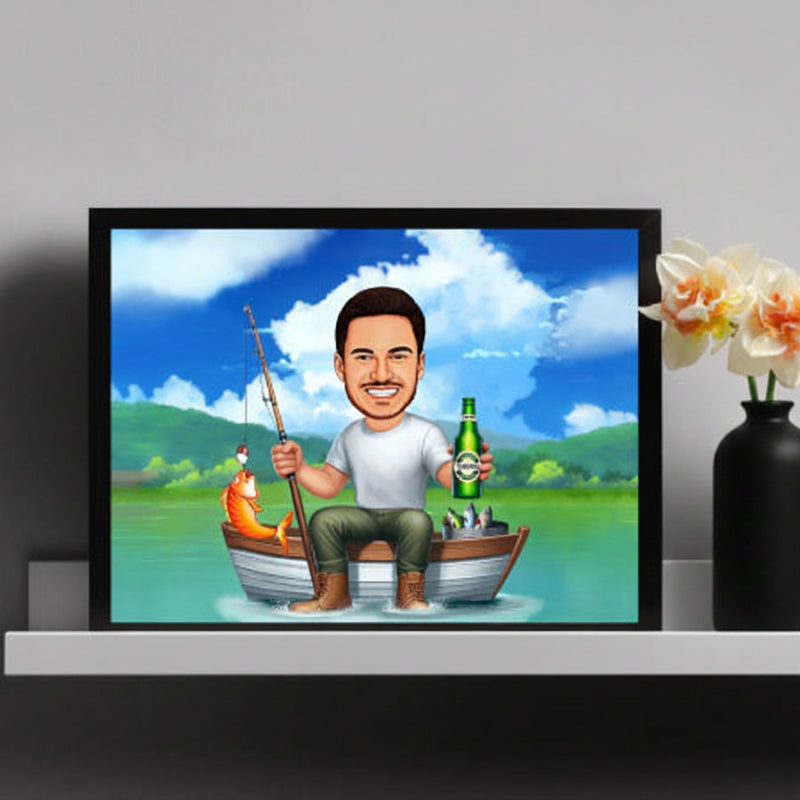 Caricatura de pescador en barca