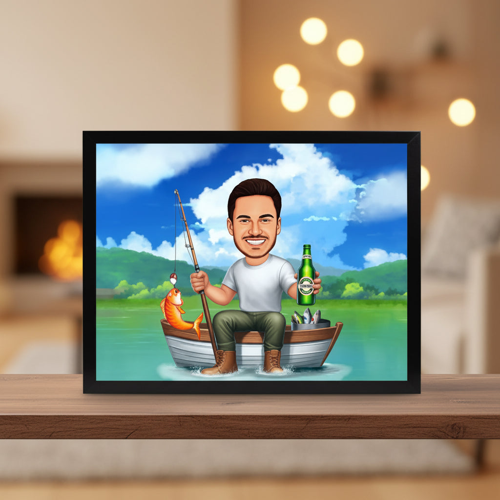 Caricatura de pescador en barca