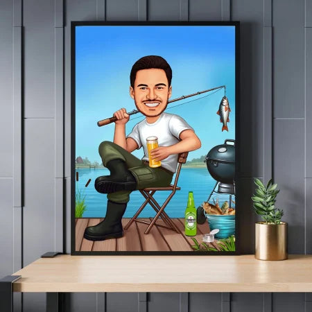Caricatura de pescador en el muelle