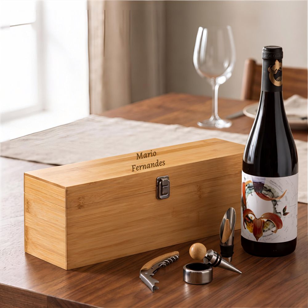 Set de Regalo Premium para Vino en Caja de Madera Personalizable (con 4 accesorios incluidos)