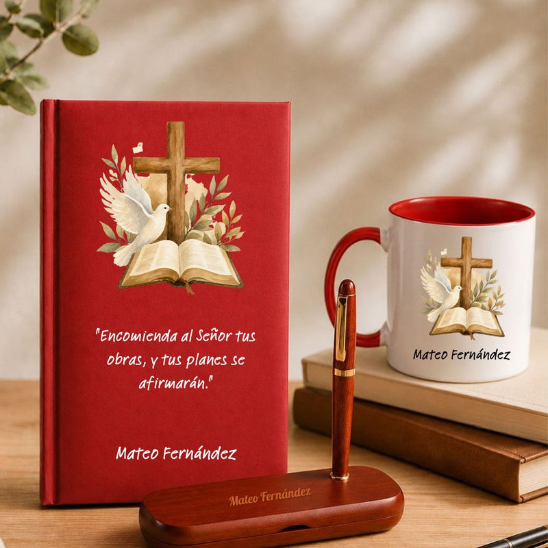 Regalo para Profesor de Religión / Fiel: Set completo de agenda personalizada, set de escritura y taza Meteoris - Regalos con Alma