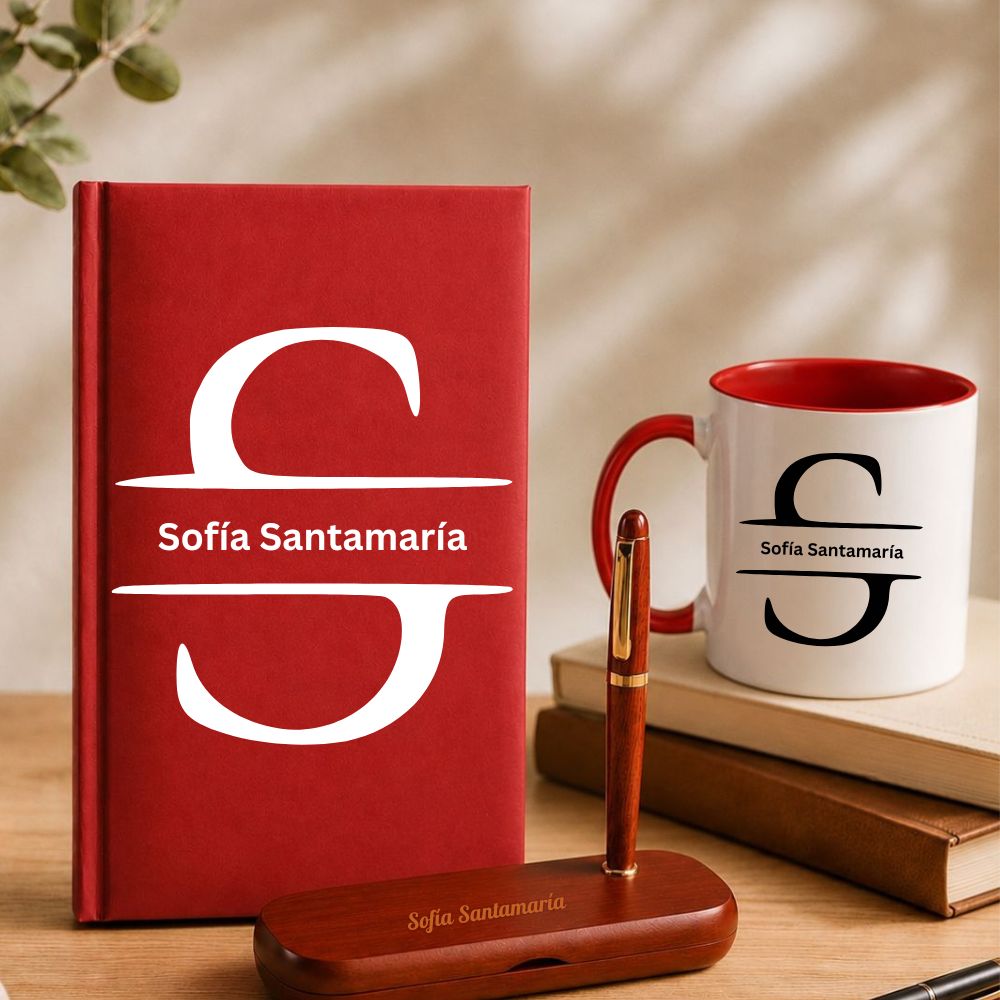 Set de regalo personalizado con inicial y nombre Agenda, set de escritura y taza