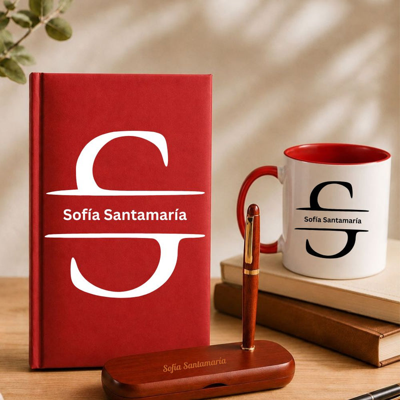 Set de regalo personalizado con inicial y nombre Agenda, set de escritura y taza Meteoris - Regalos con Alma