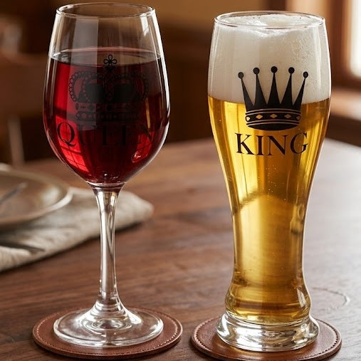 Set Real de 2 Vasos para Parejas - "King & Queen" (Jarra de Cerveza y Copa de Vino) Meteoris - Regalos con Alma