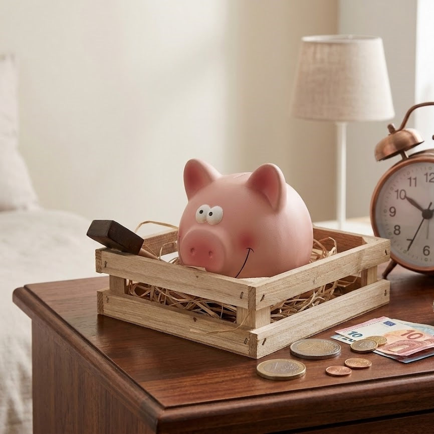 Hucha de cerdito en caja de madera 12 cm