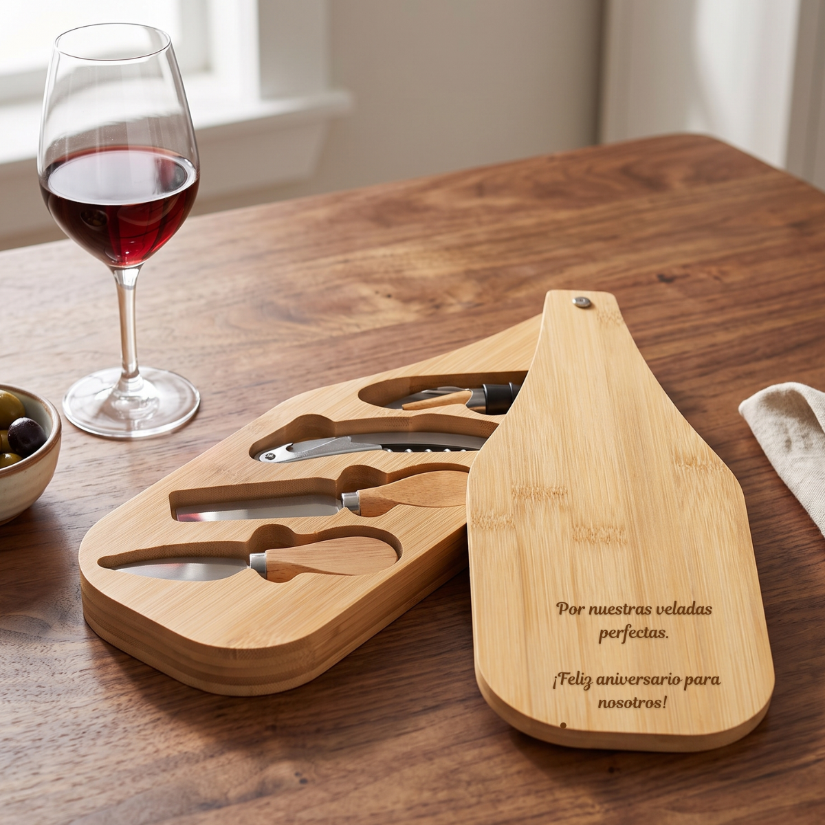Set de accesorios para vino y queso personalizado