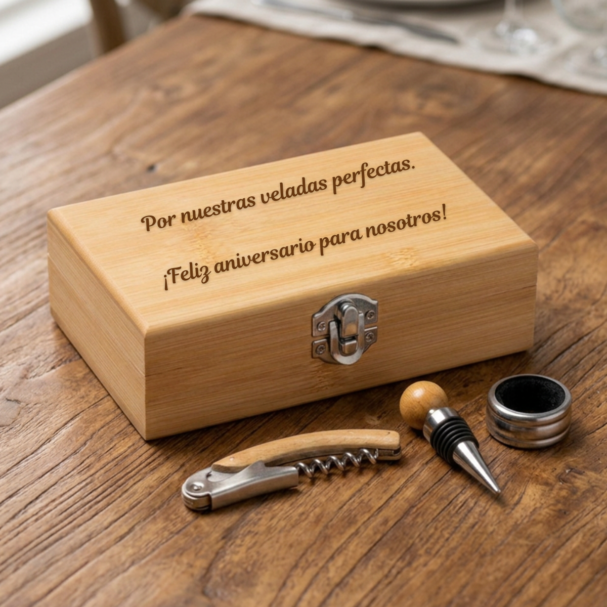 Set de vino personalizado con accesorios de acero inoxidable y bambú – Elegancia y refinamiento para los amantes del vino