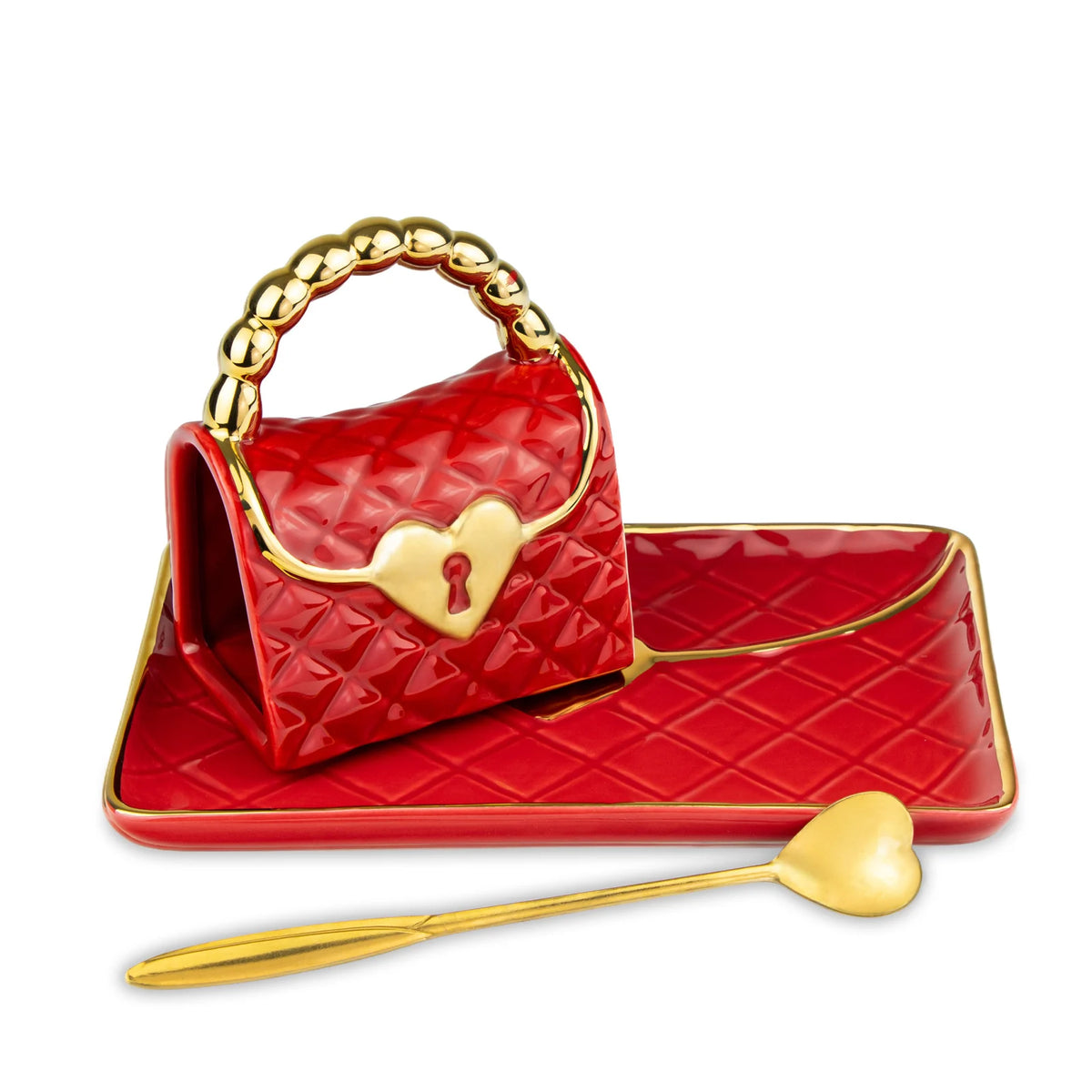 Taza en forma de bolso con platillo y cucharita de corazón
