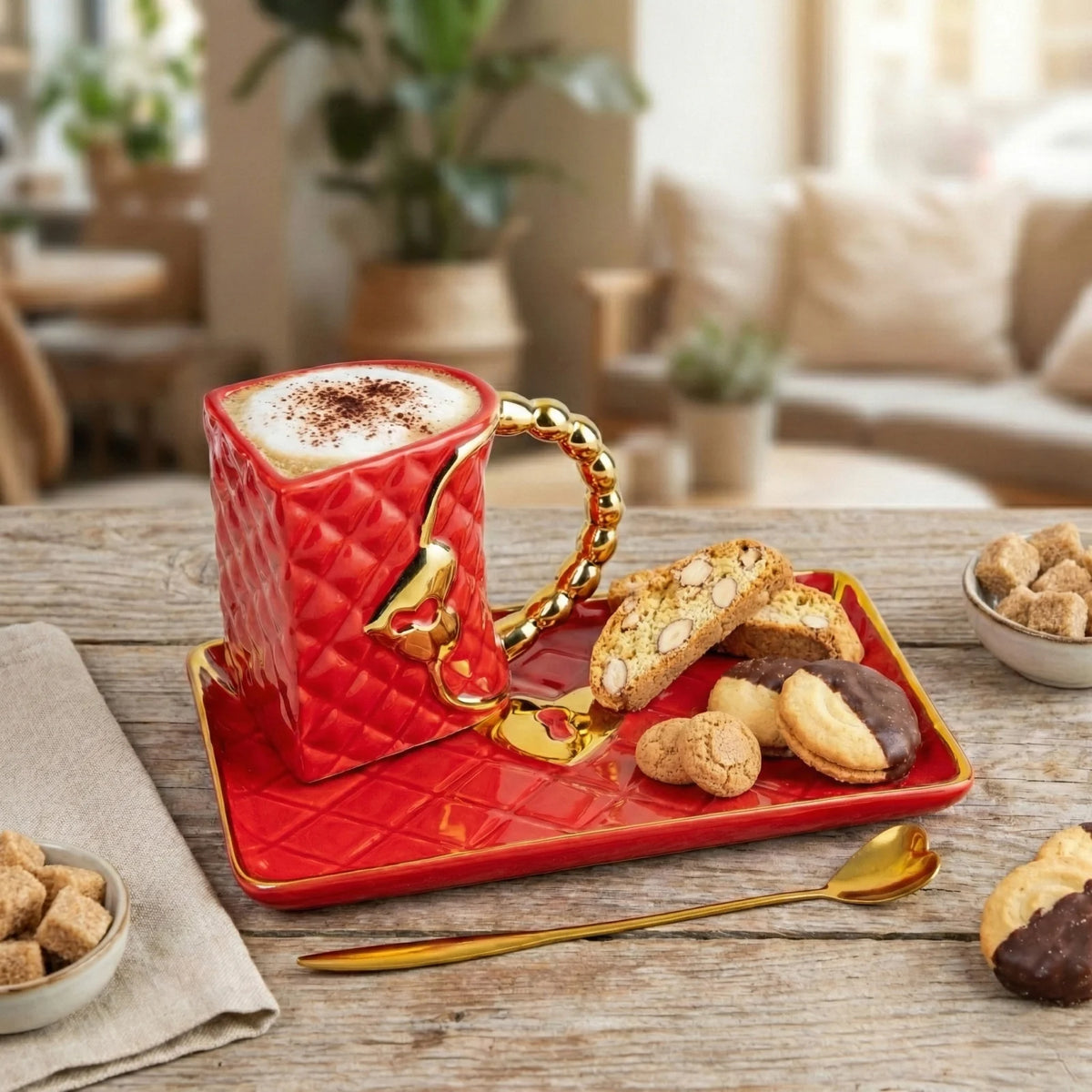 Taza en forma de bolso con platillo y cucharita de corazón